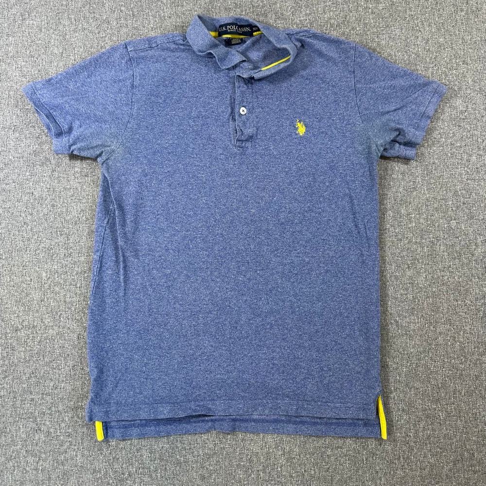 US Polo Assn Mens Medium Blue Heather Short Sleeve Cotton Polo Shirt Yellow Logo